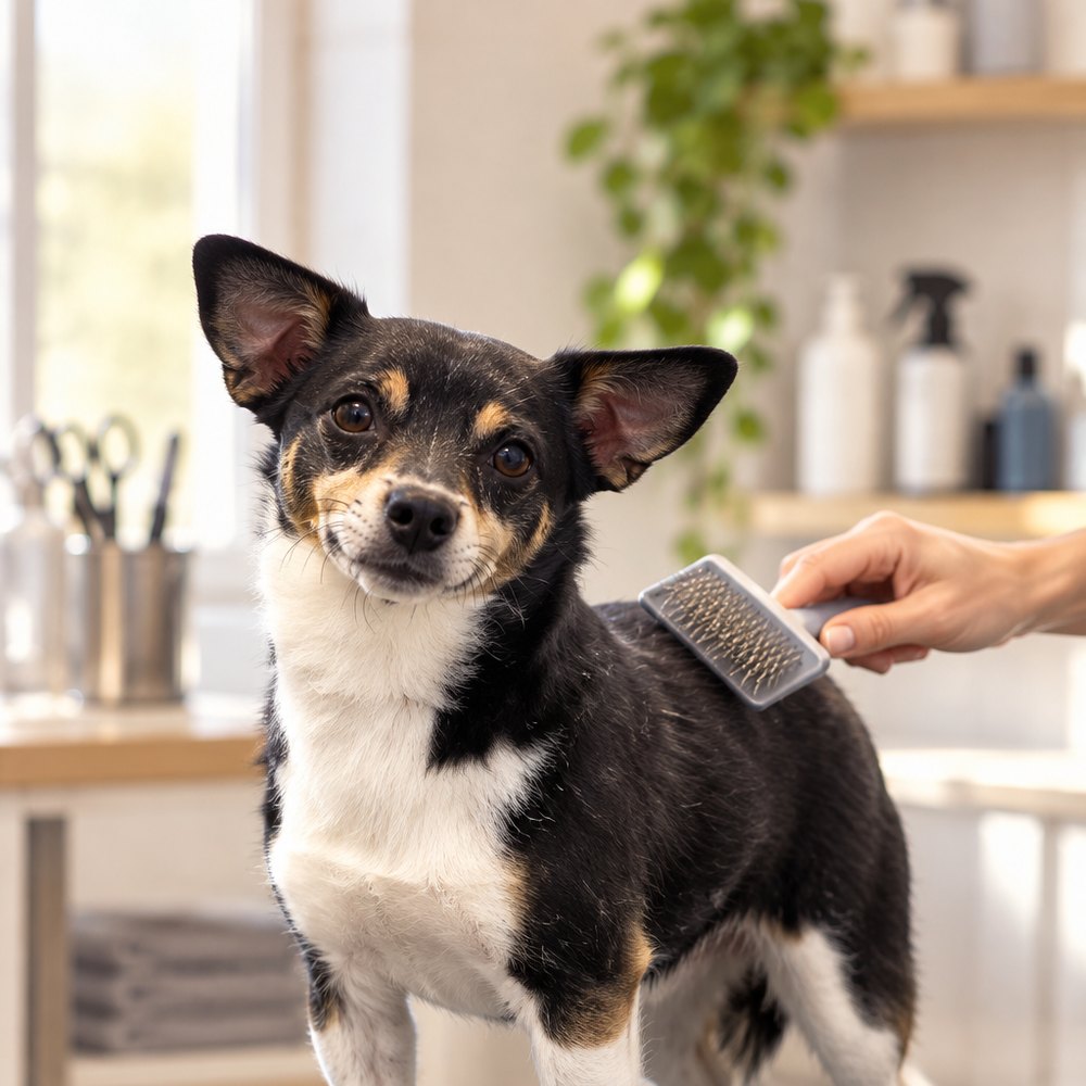 Calm at-home grooming session — brushing a scruffy terrier mix