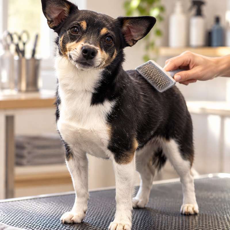 Calm at-home grooming session — brushing a scruffy terrier mix