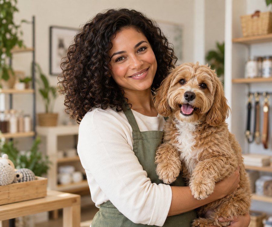 Maya with her terrier mix Biscuit — the faces behind PEWYCO